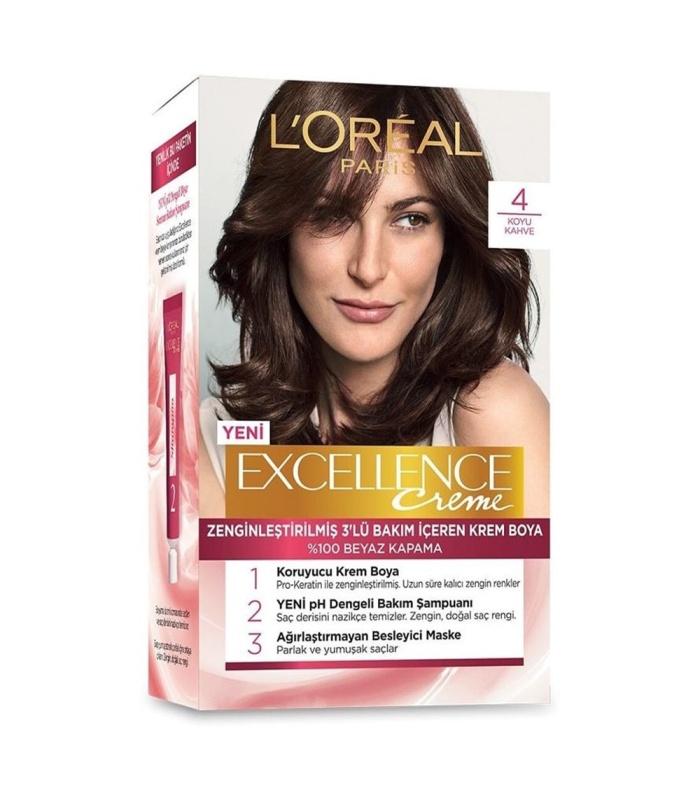 کیت رنگ مو لورآل شماره 4سری Excellence رنگ قهوه ای تیره